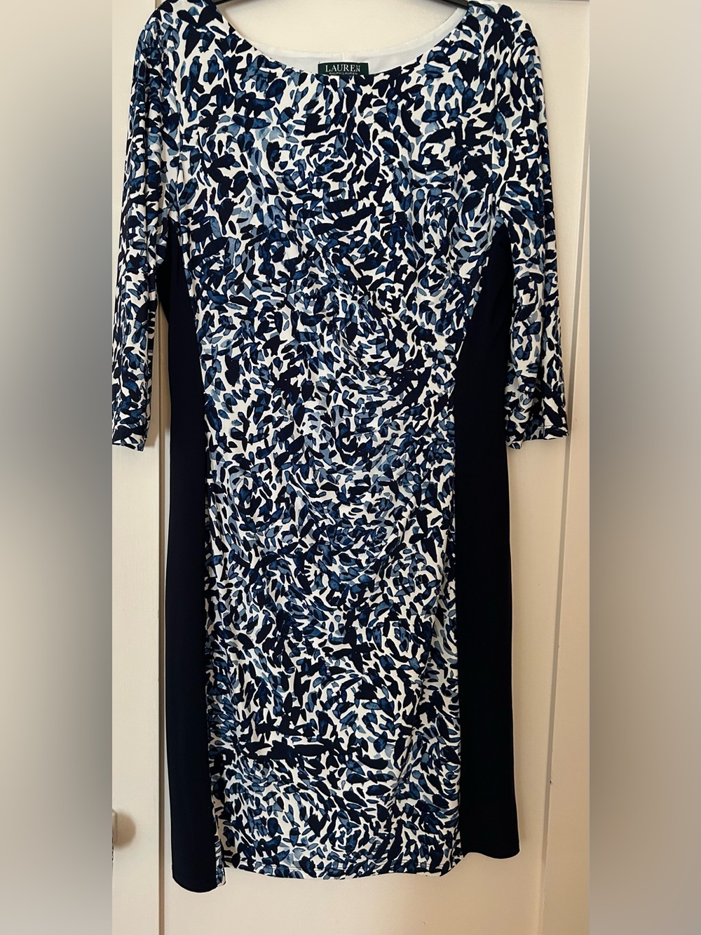 Ralph Lauren Navy, Blue & White 3/4 Sleeve Printed Sheath Dress - Size 14.